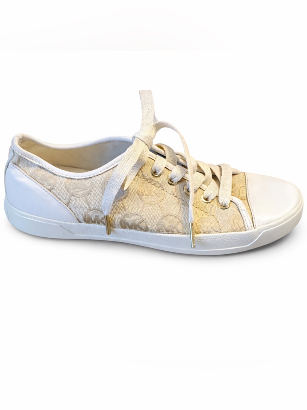 Michael Kors MK City Sneakers Vanilla Monogram 6.5 Designer Lace-Up Tennis Shoes - Picture 3 of 7
